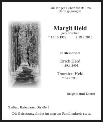 Traueranzeige von Margit Held von Gießener Allgemeine, Alsfelder Allgemeine