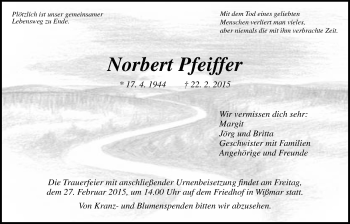 Traueranzeige von Norbert Pfeiffer von Gießener Allgemeine, Alsfelder Allgemeine