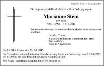 Traueranzeige von Marianne Stein von Gießener Allgemeine, Alsfelder Allgemeine