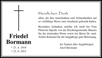 Traueranzeige von Friedel Bormann von Gießener Allgemeine, Alsfelder Allgemeine