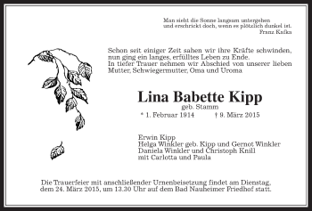Traueranzeige von Lina Babette Kipp von Wetterauer Zeitung, Wetterauer Zeitung