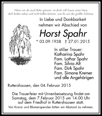 Traueranzeige von Horst Spahr von Gießener Allgemeine, Alsfelder Allgemeine