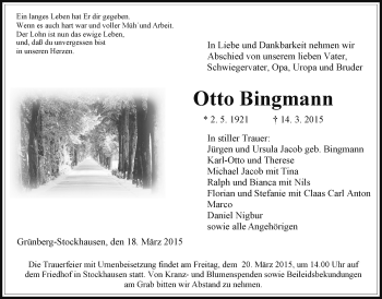 Traueranzeige von Otto Bingmann von Gießener Allgemeine, Alsfelder Allgemeine