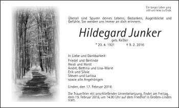 Traueranzeige von Hildegard Junker von Gießener Allgemeine, Alsfelder Allgemeine
