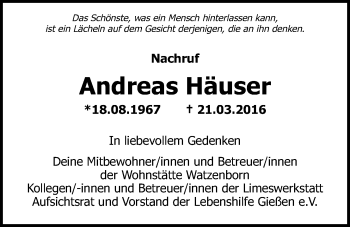 Traueranzeige von Andreas Häuser von Gießener Allgemeine, Alsfelder Allgemeine