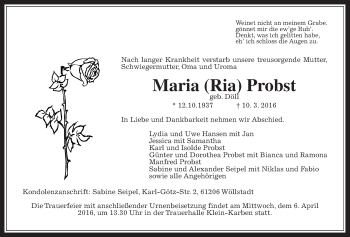 Traueranzeige von Maria Probst von Wetterauer Zeitung, Wetterauer Zeitung