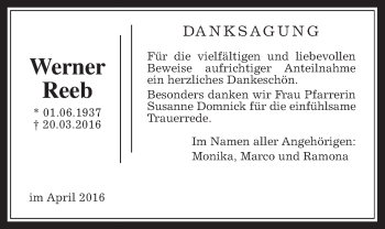Traueranzeige von Werner Reeb von Wetterauer Zeitung, Wetterauer Zeitung