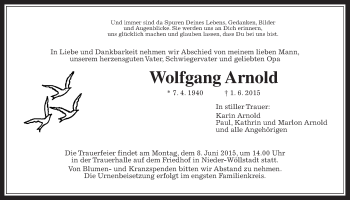 Traueranzeige von Wolfgang Arnold von Wetterauer Zeitung, Wetterauer Zeitung