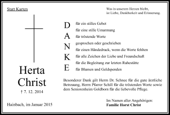 Traueranzeige von Hertha Christ von Alsfelder Allgemeine