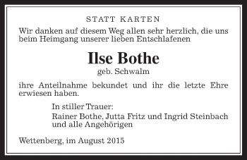 Traueranzeige von Ilse Bothe von Gießener Allgemeine, Alsfelder Allgemeine