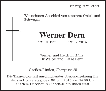 Traueranzeige von Werner Dern von Gießener Allgemeine, Alsfelder Allgemeine