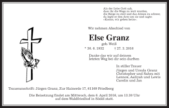 Traueranzeige von Else Granz von Wetterauer Zeitung, Wetterauer Zeitung