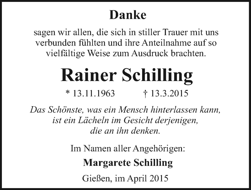  Traueranzeige für Rainer Schilling vom 18.04.2015 aus Gießener Allgemeine, Alsfelder Allgemeine