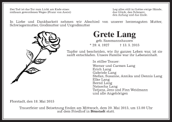 Traueranzeige von Grete Lang von Wetterauer Zeitung, Wetterauer Zeitung