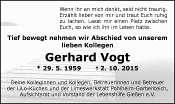 Traueranzeige von Gerhard Vogt von Gießener Allgemeine, Alsfelder Allgemeine