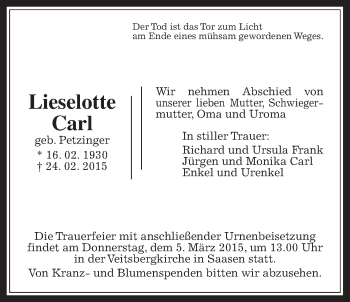 Traueranzeige von Lieselotte Carl von Gießener Allgemeine, Alsfelder Allgemeine