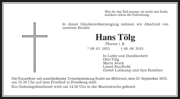 Traueranzeige von Hans Tölg von Wetterauer Zeitung, Wetterauer Zeitung