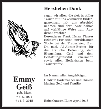 Traueranzeige von Emmy Geiß von Alsfelder Allgemeine