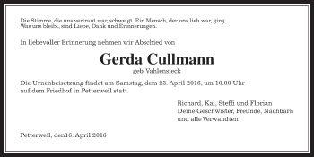 Traueranzeige von Gerda Cullmann von Wetterauer Zeitung
