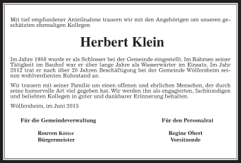 Traueranzeige von Herbert Klein von Wetterauer Zeitung, Wetterauer Zeitung