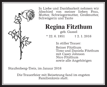 Traueranzeige von Regina Fitzthum von Gießener Allgemeine, Alsfelder Allgemeine, Wetterauer Zeitung, Wetterauer Zeitung