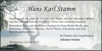 Traueranzeige von Hans Karl Stamm von Gießener Allgemeine, Alsfelder Allgemeine