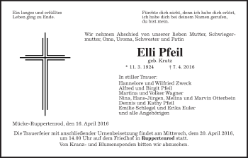 Traueranzeige von Elli Pfeil von Gießener Allgemeine, Alsfelder Allgemeine