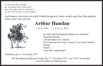 Traueranzeige von Arthur Handau von Gießener Allgemeine, Alsfelder Allgemeine