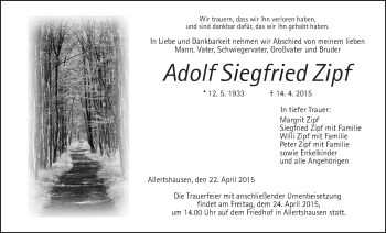 Traueranzeige von Adolf Siegfried Zipf von Gießener Allgemeine, Alsfelder Allgemeine