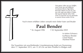 Traueranzeige von Paul Bender von Wetterauer Zeitung, Wetterauer Zeitung