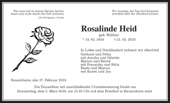 Traueranzeige von Rosalinde Heid von Wetterauer Zeitung, Wetterauer Zeitung