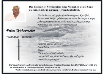 Traueranzeige von Fritz Webermeier von Wetterauer Zeitung, Wetterauer Zeitung