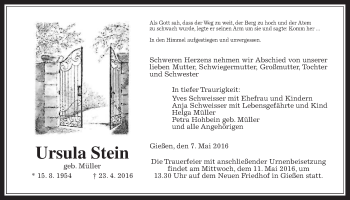 Traueranzeige von Ursula Stein von Gießener Allgemeine, Alsfelder Allgemeine