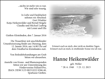 Traueranzeige von Hanne Heikenwälder von Gießener Allgemeine, Alsfelder Allgemeine