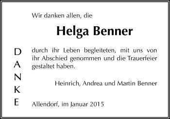 Traueranzeige von Helga Benner von Allendorfer Mitteilungen