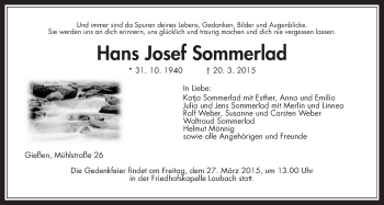 Traueranzeige von Hans Josef Sommerlad von Gießener Allgemeine, Alsfelder Allgemeine