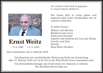 Traueranzeige von Ernst Weitz von Wetterauer Zeitung, Wetterauer Zeitung