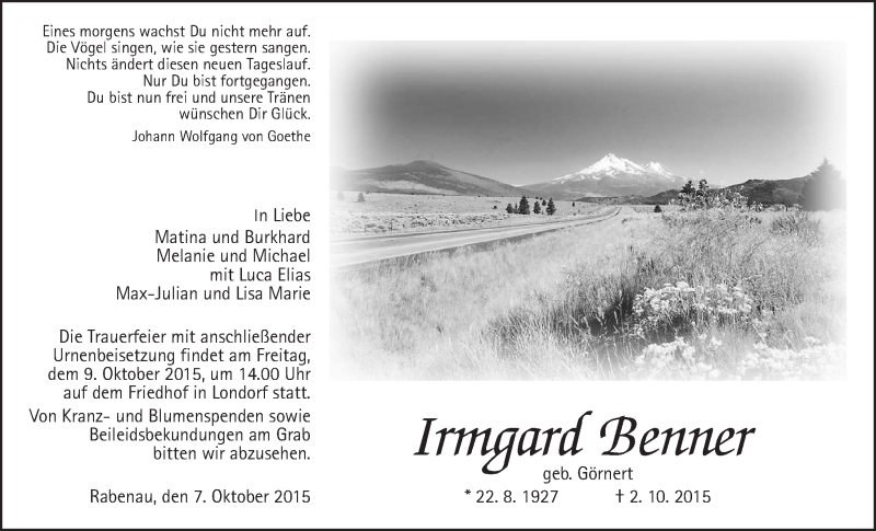  Traueranzeige für Irmgard Benner vom 07.10.2015 aus Gießener Allgemeine, Alsfelder Allgemeine