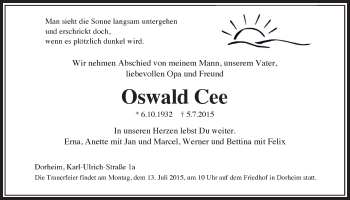 Traueranzeige von Oswald Cee von Wetterauer Zeitung, Wetterauer Zeitung