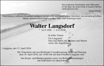 Traueranzeige von Walter Langsdorf von Gießener Allgemeine, Alsfelder Allgemeine
