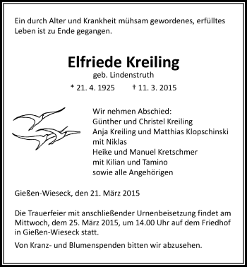 Traueranzeige von Elfriede Kreiling von Gießener Allgemeine, Alsfelder Allgemeine