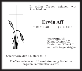 Traueranzeige von Erwin Aff von Gießener Allgemeine, Alsfelder Allgemeine