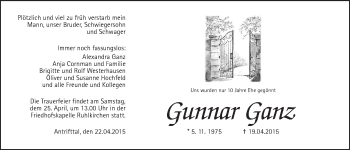 Traueranzeige von Gunnar Ganz von Alsfelder Allgemeine