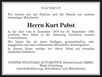 Traueranzeige von Kurt Pabst von Gießener Allgemeine, Alsfelder Allgemeine