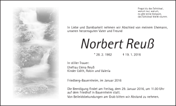 Traueranzeige von Norbert Reuß von Wetterauer Zeitung, Wetterauer Zeitung