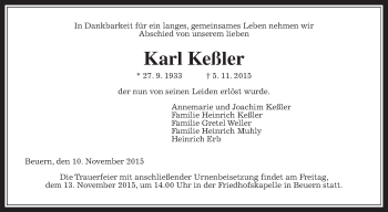 Traueranzeige von Karl Keßler von Gießener Allgemeine, Alsfelder Allgemeine