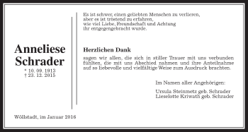 Traueranzeige von Anneliese Schrader von Wetterauer Zeitung, Wetterauer Zeitung