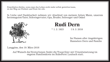 Traueranzeige von Rudi Dern von Gießener Allgemeine, Alsfelder Allgemeine