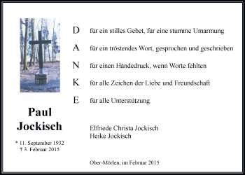 Traueranzeige von Paul Jockisch von Wetterauer Zeitung, Wetterauer Zeitung