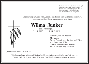 Traueranzeige von Wilma Junker von Gießener Allgemeine, Alsfelder Allgemeine